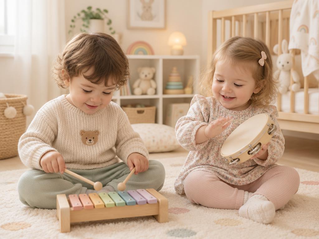 Deux enfants jouant du xylophone et du tambourin