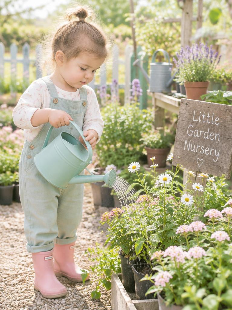 Une petite fille arrose les fleurs du jardin
