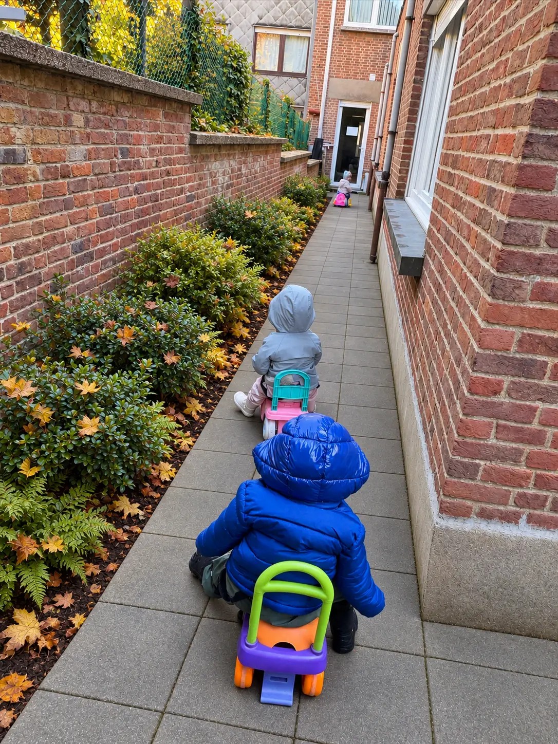Trois enfants sur des porteurs colorés dans l'allée de jeux extérieure de la crèche