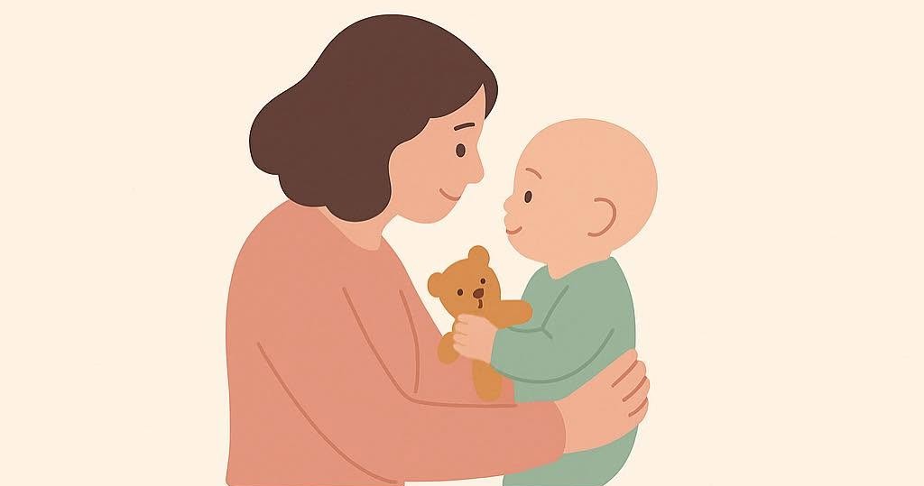 Illustration : une professionnelle de la crèche sourit à un bébé qu'elle porte dans ses bras, un doudou et un petit sac à dos à proximité